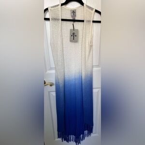 NWT Rain+Rose 2 Tone Long asymmetrical Cover-Up Sz S Knit w Fringes Blue & White